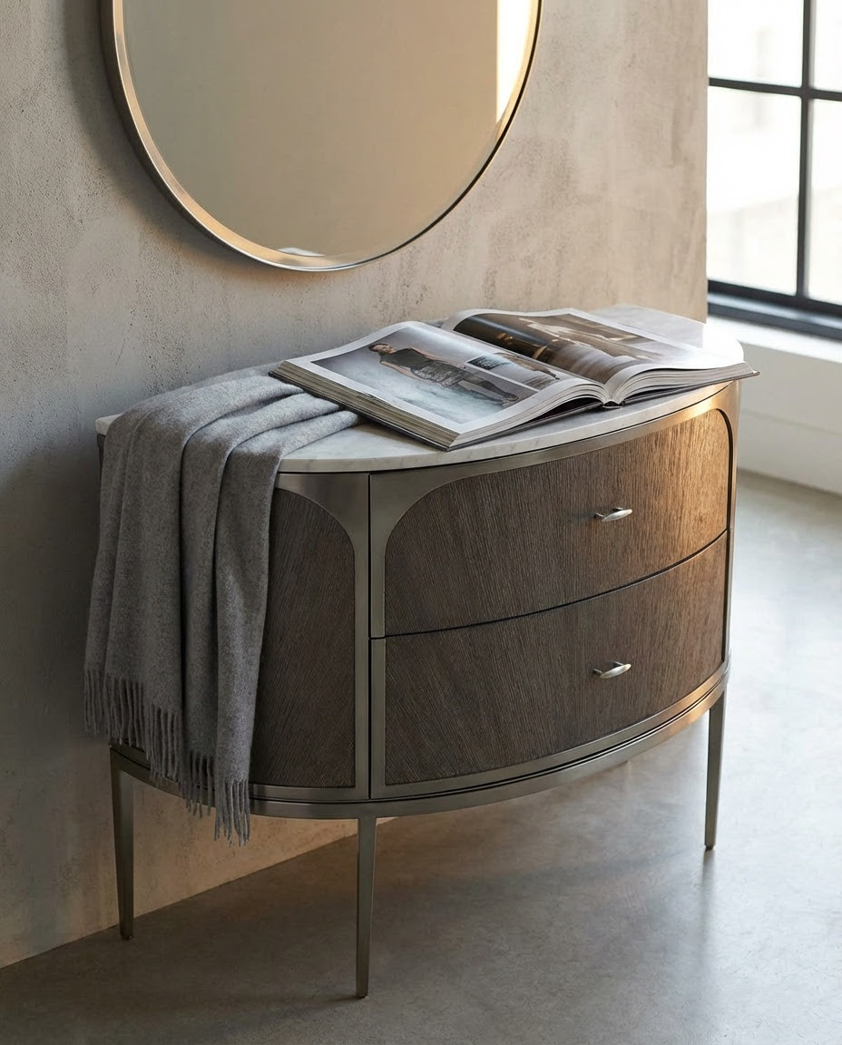 Conduit nightstand - AI-generated editorial with throw blanket and book