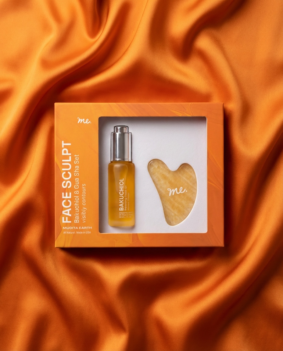 Mudita Earth Face Sculpt set - AI-generated studio shot on orange satin