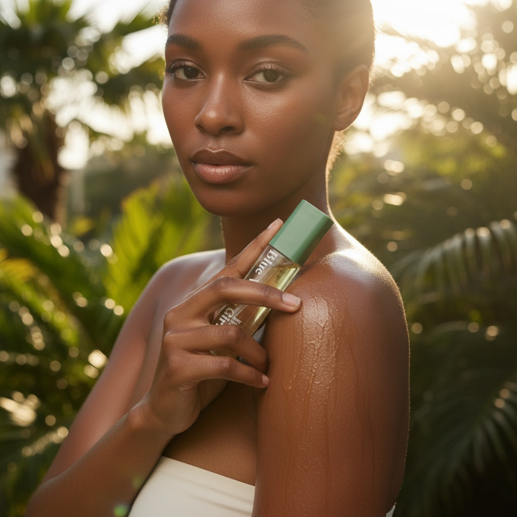 Blue Water Girls glow oil - model applying product in tropical setting