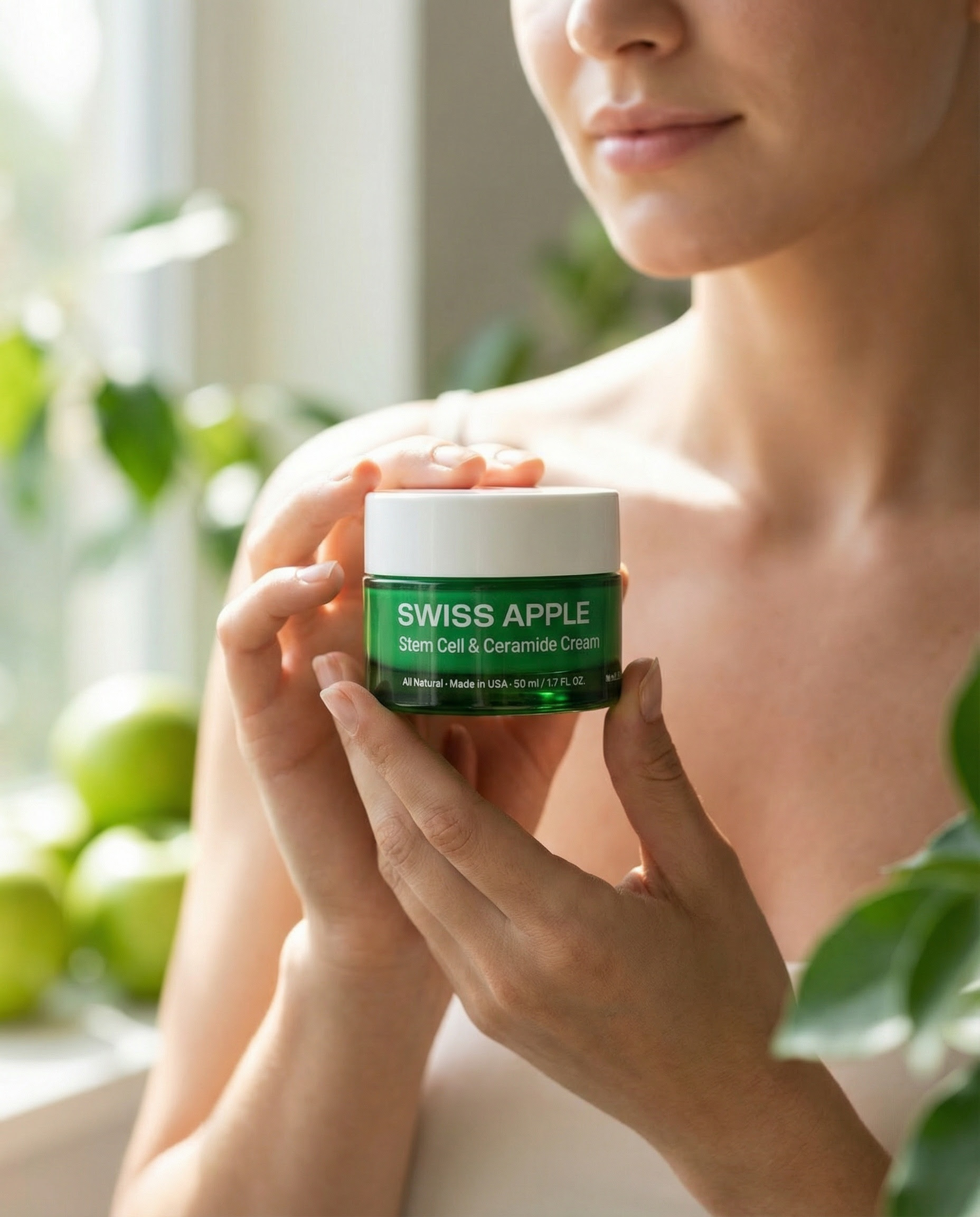 Swiss Apple cream - woman holding product in natural light with greenery